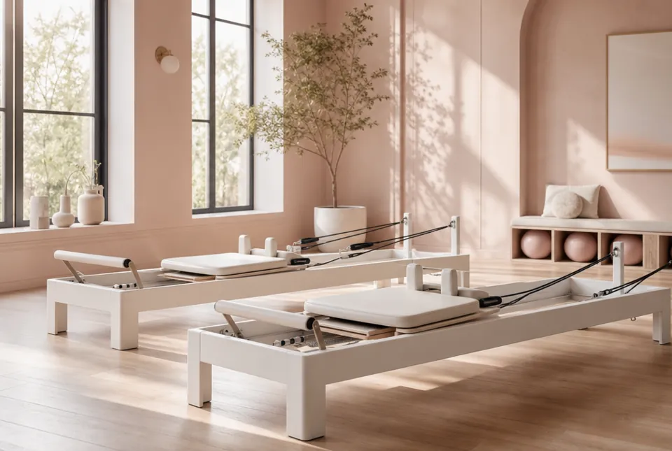 Two white Pilates reformers in a bright studio with large windows