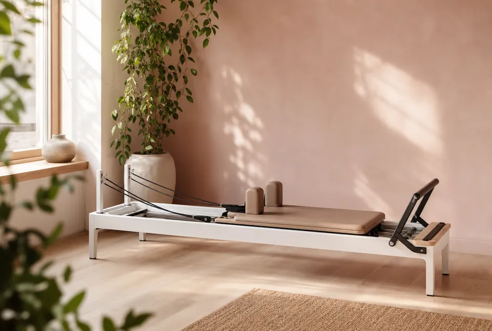 A white Pilates reformer in a sunlit studio with a blush pink wall