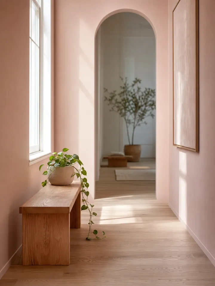 A calm studio hallway with a bench and a plant