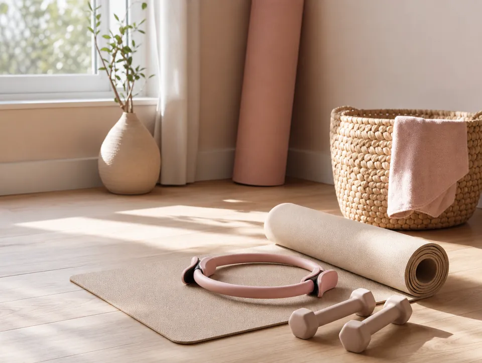 A rolled Pilates mat, a Pilates ring and light hand weights on a wood floor