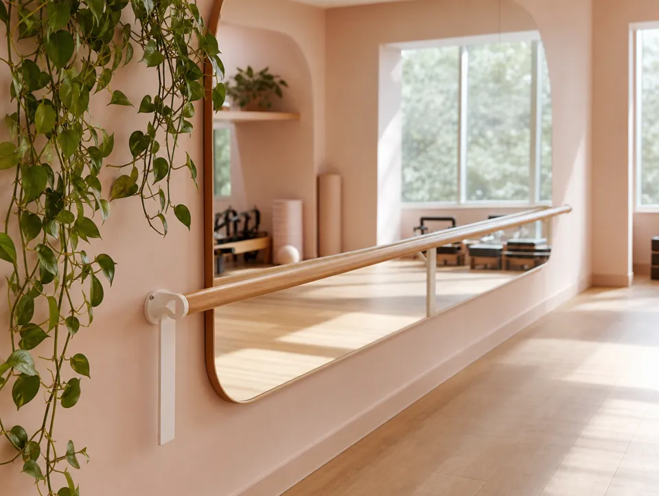 A studio wall with a mirror and a wooden barre in soft daylight