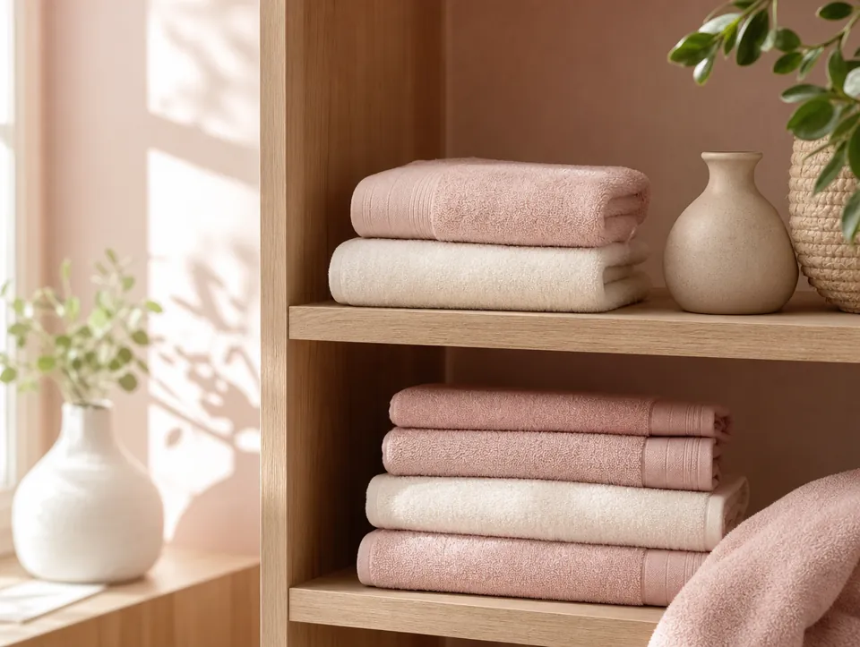 Folded pink and cream towels on a wooden shelf